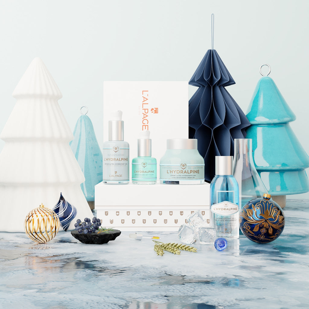 Set ou Coffret Cadeau Crème Visage Hydratante 24h + Sérum Visage Hydratante 24h + Serum Regard Anti-Poche + Démaquillant Bi-Phase Waterproof L'HYDRALPINE