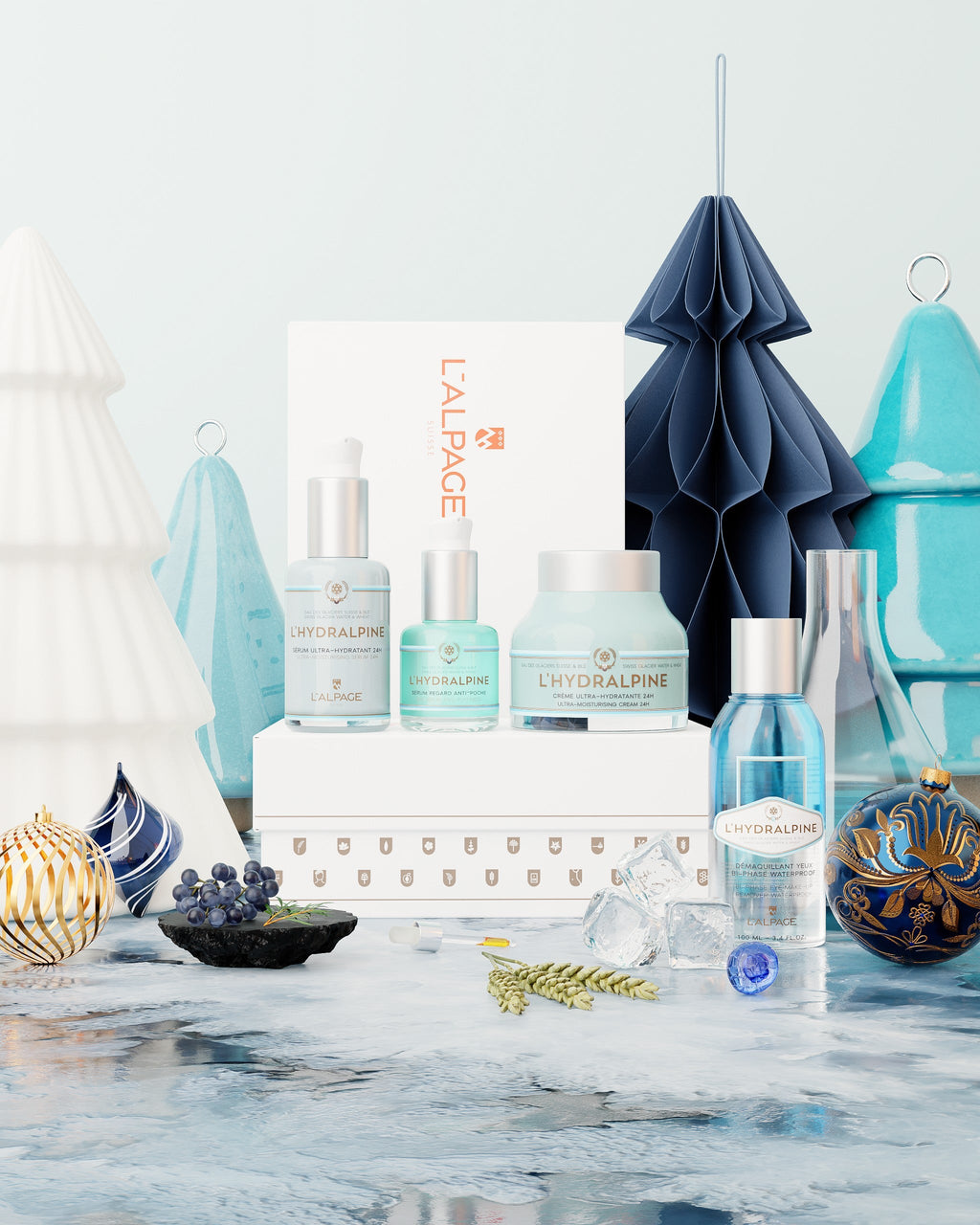 Set ou Coffret Cadeau Crème Visage Hydratante 24h + Sérum Visage Hydratante 24h + Serum Regard Anti-Poche + Démaquillant Bi-Phase Waterproof L'HYDRALPINE