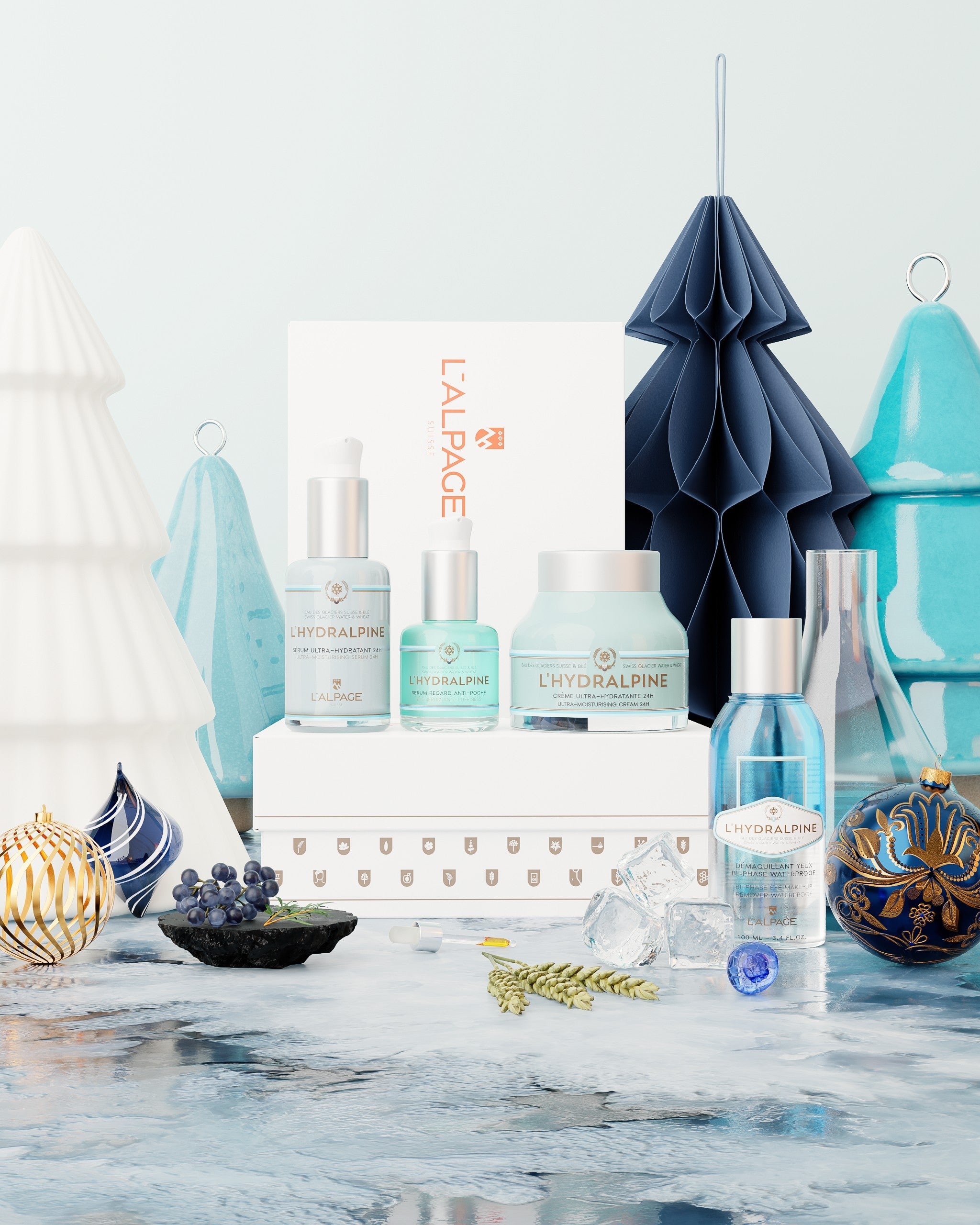 Set ou Coffret Cadeau Crème Visage Hydratante 24h + Sérum Visage Hydratante 24h + Serum Regard Anti-Poche + Démaquillant Bi-Phase Waterproof L'HYDRALPINE