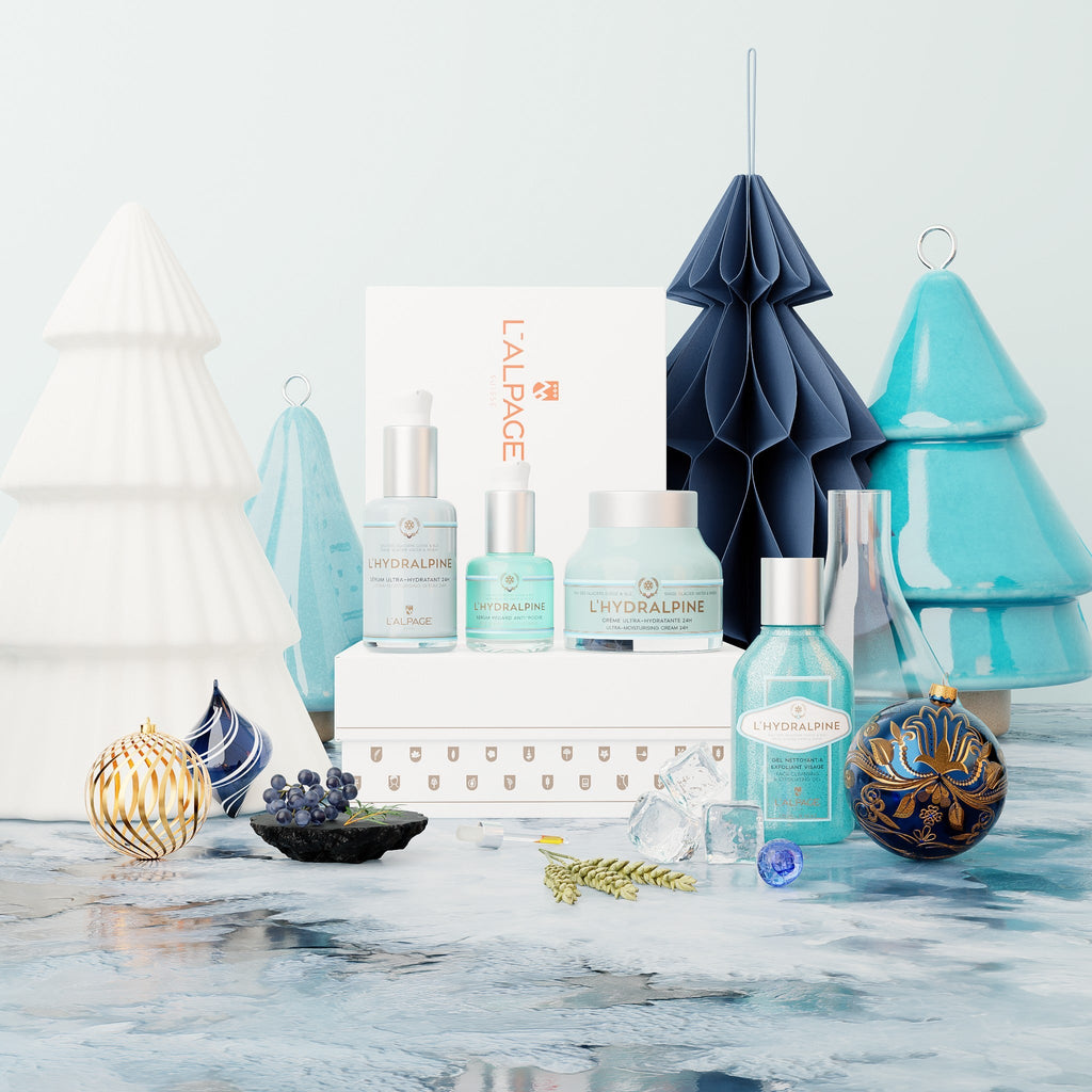 Set ou Coffret Cadeau Crème Visage Hydratante 24h + Sérum Visage Hydratante 24h + Serum Regard Anti-Poche + Gel Nettoyant Exfoliant L'HYDRALPINE