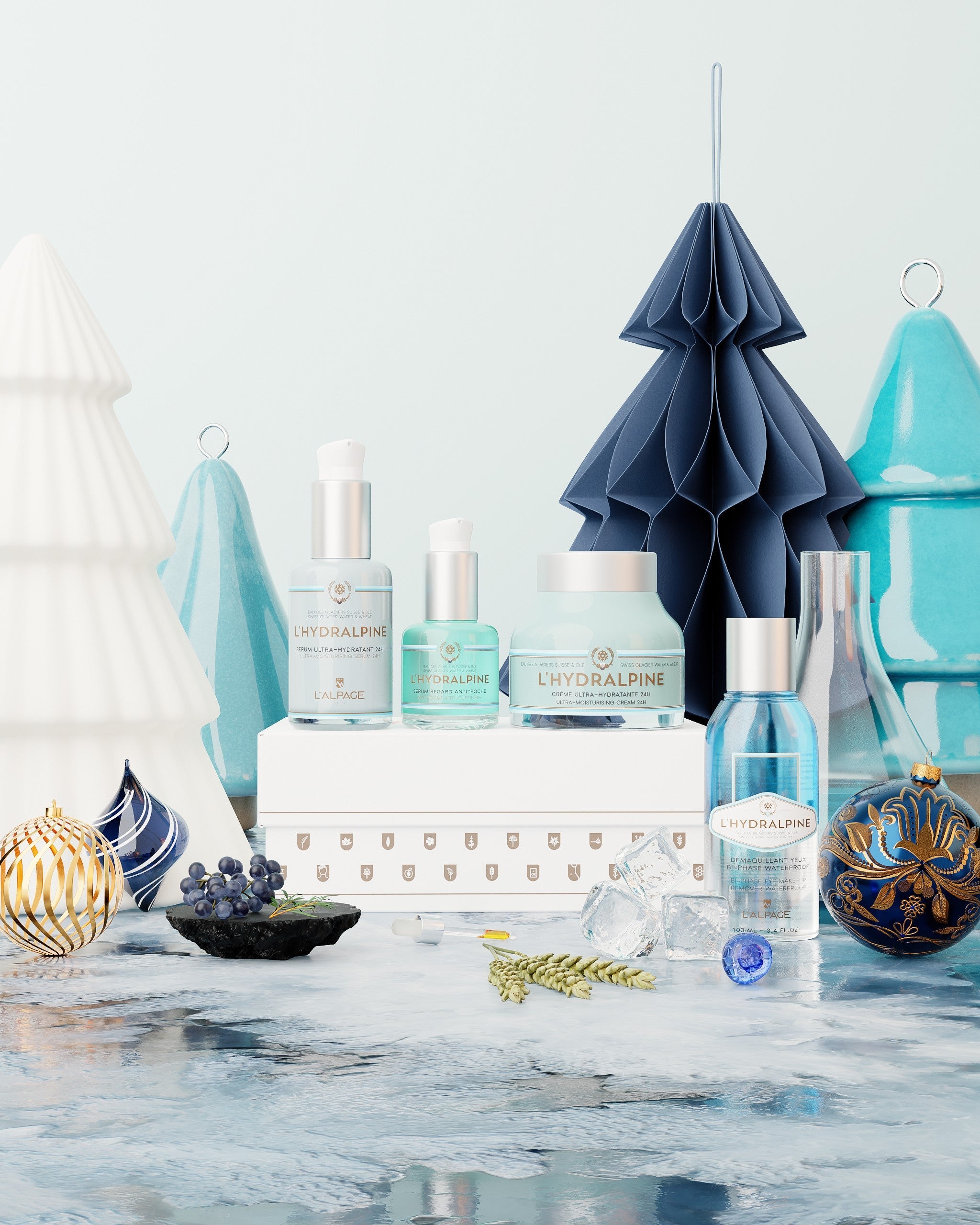 Set ou Coffret Cadeau Crème Visage Hydratante 24h + Sérum Visage Hydratante 24h + Serum Regard Anti-Poche + Démaquillant Bi-Phase Waterproof L'HYDRALPINE