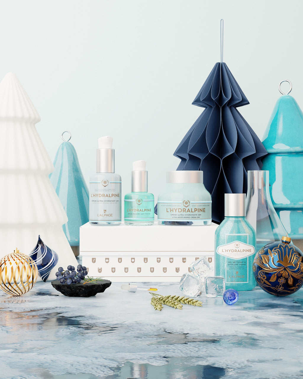 Set ou Coffret Cadeau Crème Visage Hydratante 24h + Sérum Visage Hydratante 24h + Serum Regard Anti-Poche + Gel Nettoyant Exfoliant L'HYDRALPINE