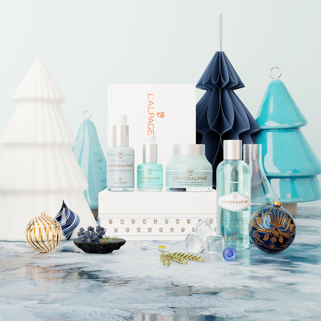 Set ou Coffret Cadeau Crème Visage Hydratante 24h + Sérum Visage Hydratante 24h + Serum Regard Anti-Poche + Eau Tonifiante Démaquillante L'HYDRALPINE